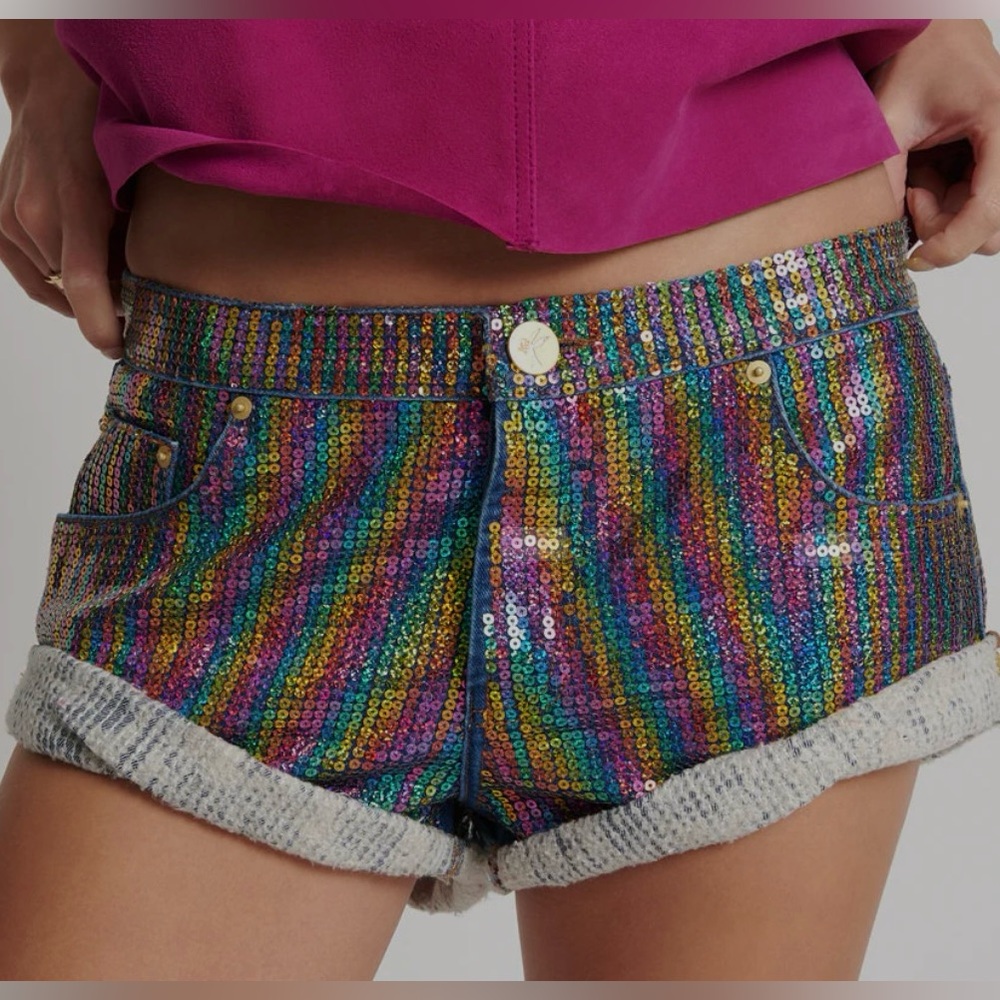 One Teaspoon Rainbow Sequin Jean Shorts